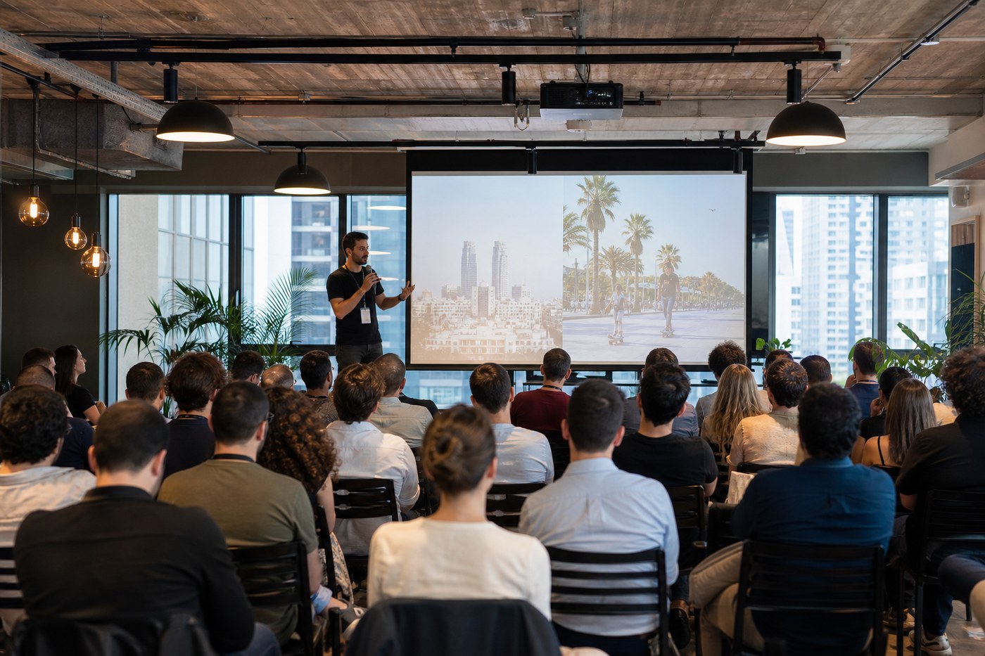 Event space set up for a startup demo day presentation